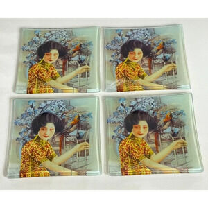4 Lots of Pcs Mai Decal Plate Chinese Pin Up Girls Glass Plates Art Decor Poster